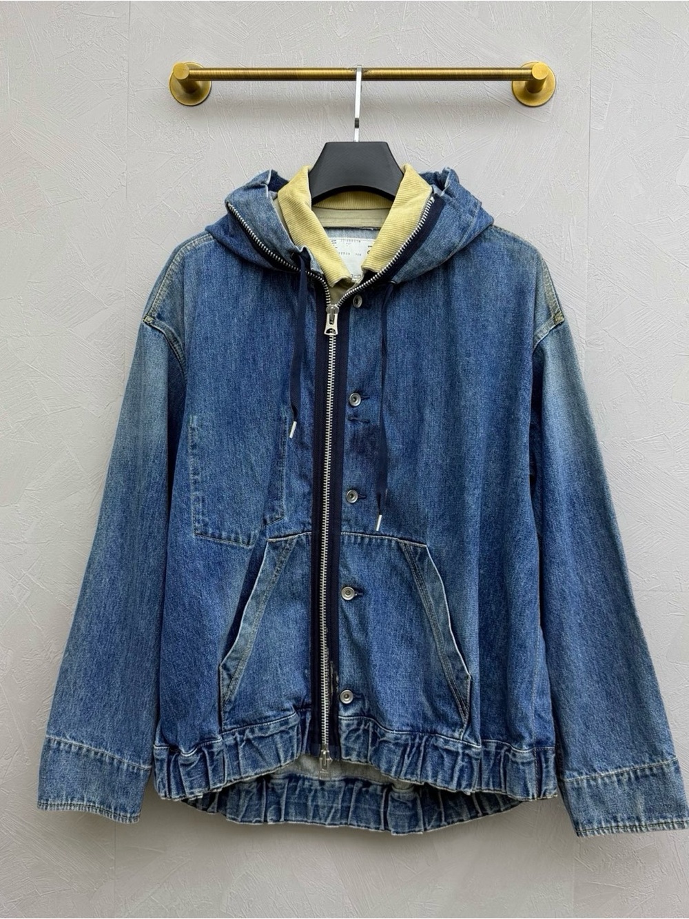 🚩steal sacai Blue Denim Hooded Jacket with Yellow Hood Lining